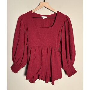 Burgundy Floral Brocade Tie Back Bishop Sleeve Babydoll Top Regency Coquette XS